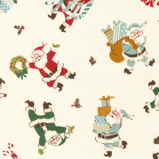 Christmas Santas with red, green, blue presents, wreaths, holly on cream snow background. Twinkle and Tinsel by Fancy That Design House cotton quilting fabric.