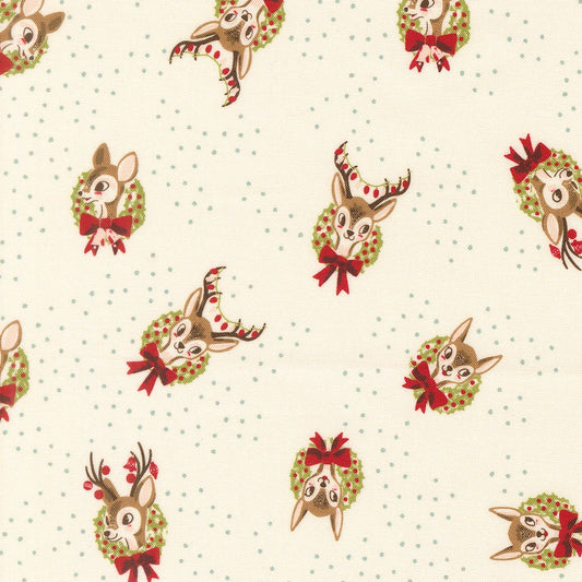 Twinkle and Tinsel by Fancy That Design House cotton quilting fabric. Christmas reindeer in green wreaths, red berries & bows on snow.
