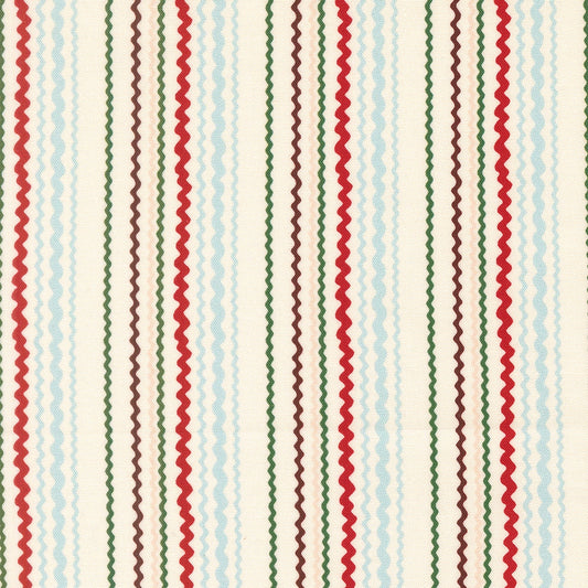 Christmas wavy stripes on snow Moda's Twinkle and Tinsel by Fancy That Design House cotton quilting fabric, featuring cranberry red, sage green, and snowy blue.