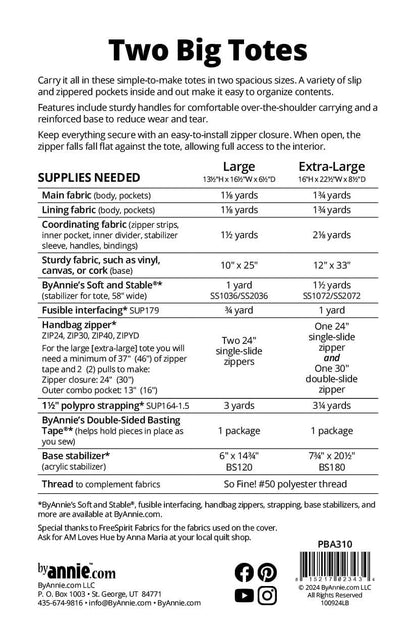 Two Big Totes Pattern - Pattern by By Annie - Paper Pattern - PBA310