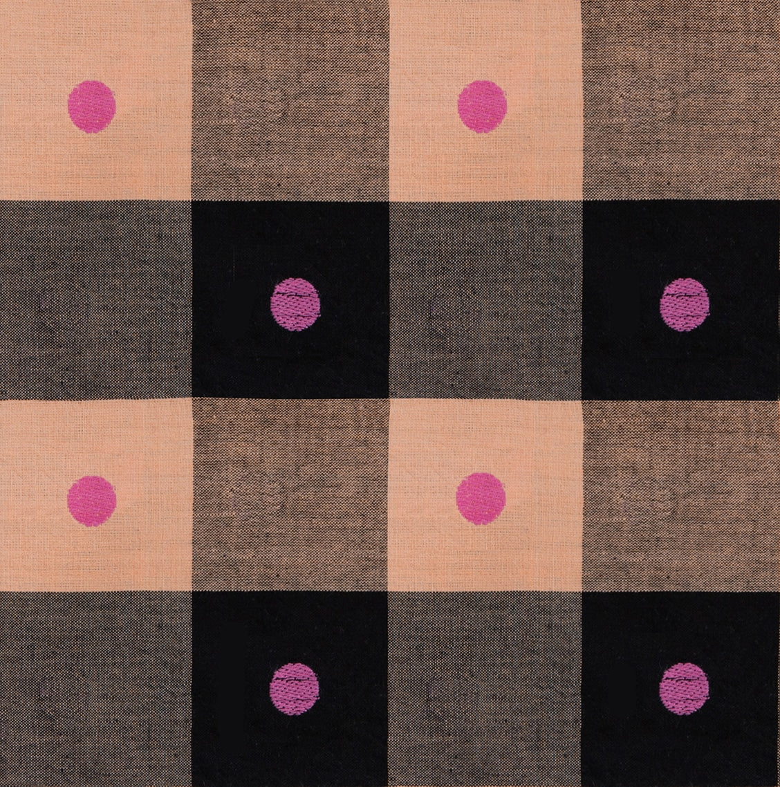 Bold peach, taupe, and black plaid with magenta pink polka dots. Moda's Warp Weft Daisy Days by Ruby Star Society's Alexia Abegg cotton quilting fabric.