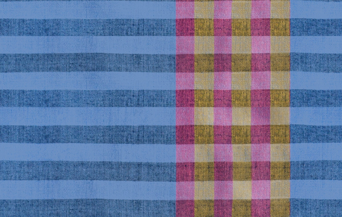 Blue, pink, and yellow plaid with blue stripes Warp Weft Daisy Days by Ruby Star Society's Alexia Abegg cotton quilting fabric.