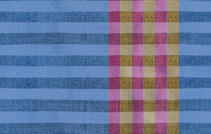 Blue, pink, and yellow plaid with blue stripes Warp Weft Daisy Days by Ruby Star Society's Alexia Abegg cotton quilting fabric.