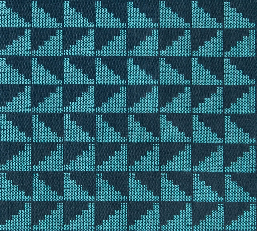 Teal and navy stepped geometric cotton quilting fabric from Warp Weft Daisy Days by Ruby Star Society's Alexia Abegg, with repeating squares.