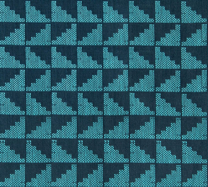 Teal and navy stepped geometric cotton quilting fabric from Warp Weft Daisy Days by Ruby Star Society's Alexia Abegg, with repeating squares.