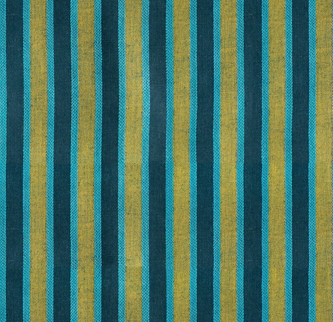 Teal, gold, and aqua vertical stripes cotton quilting fabric from Warp Weft Daisy Days by Ruby Star Society's Alexia Abegg. Features wide dark teal bands alternating with golden yellow and narrower aqua stripes.