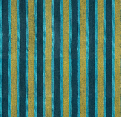 Teal, gold, and aqua vertical stripes cotton quilting fabric from Warp Weft Daisy Days by Ruby Star Society's Alexia Abegg. Features wide dark teal bands alternating with golden yellow and narrower aqua stripes.