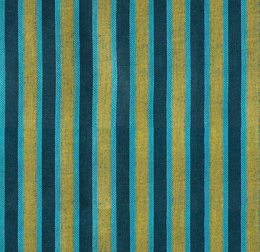 Teal, gold, and aqua vertical stripes cotton quilting fabric from Warp Weft Daisy Days by Ruby Star Society's Alexia Abegg. Features wide dark teal bands alternating with golden yellow and narrower aqua stripes.