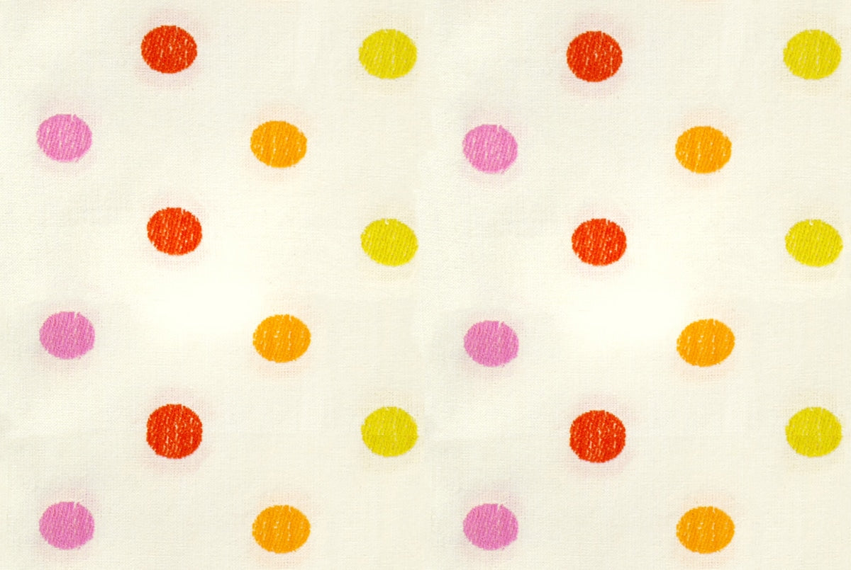 Colorful polka dots on cream Warp Weft Daisy Days by Ruby Star Society's Alexia Abegg cotton quilting fabric with small red, magenta pink, orange, yellow dots.