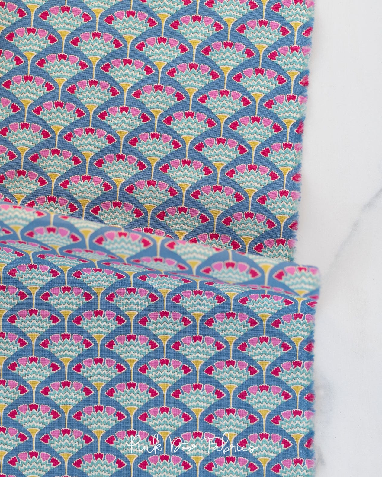 Cotton quilting fabric pattern called 'Tasselflower in Blue'. Part of the 'Pie in the Sky' fabric collection. Designed by Tilda Fabrics for fabric company Tilda Fabrics. SKU: 100488. 44-45 inch width.