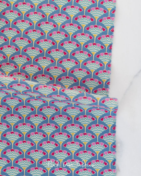 Cotton quilting fabric pattern called 'Tasselflower in Blue'. Part of the 'Pie in the Sky' fabric collection. Designed by Tilda Fabrics for fabric company Tilda Fabrics. SKU: 100488. 44-45 inch width.