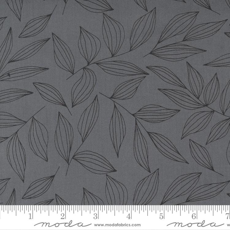 Cotton quilting fabric pattern called 'Leaves in Graphite'. Part of the 'Create' fabric collection. Designed by Alli K for fabric company Moda Fabrics. SKU: 11522-24. 44-45 inch width.