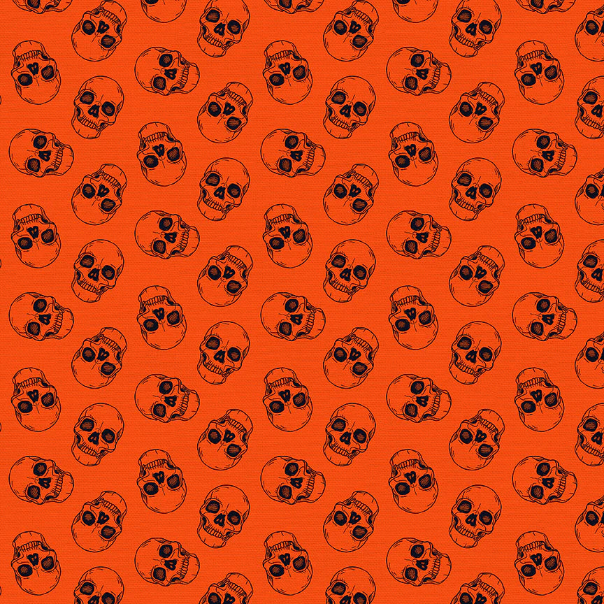 Cotton quilting fabric pattern called 'Skulls in Orange'. Part of the 'Drop Dead Gorgeous' fabric collection. Designed by Teresa Chan for fabric company Paintbrush Studio Fabrics. SKU: 120-22220. 44-45 inch width.