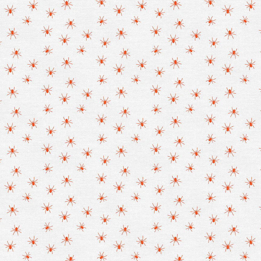 Cotton quilting fabric pattern called 'Spiders in White'. Part of the 'Drop Dead Gorgeous' fabric collection. Designed by Teresa Chan for fabric company Paintbrush Studio Fabrics. SKU: 120-22222. 44-45 inch width.