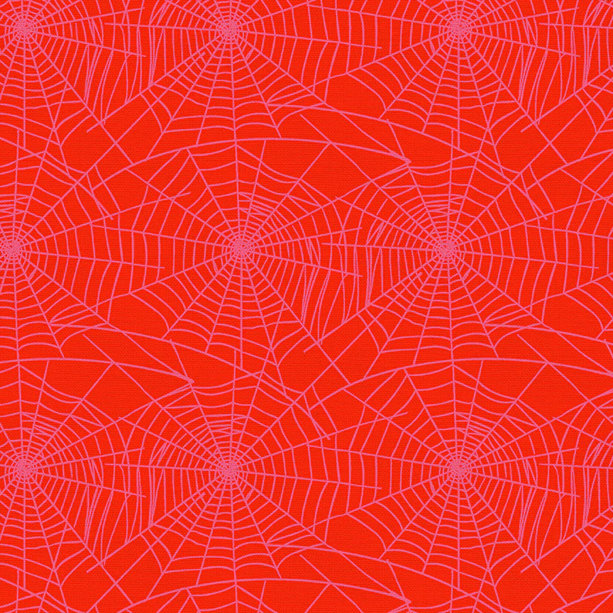 Cotton quilting fabric pattern called 'Spiderwebs in Red'. Part of the 'Drop Dead Gorgeous' fabric collection. Designed by Teresa Chan for fabric company Paintbrush Studio Fabrics. SKU: 120-22223. 44-45 inch width.