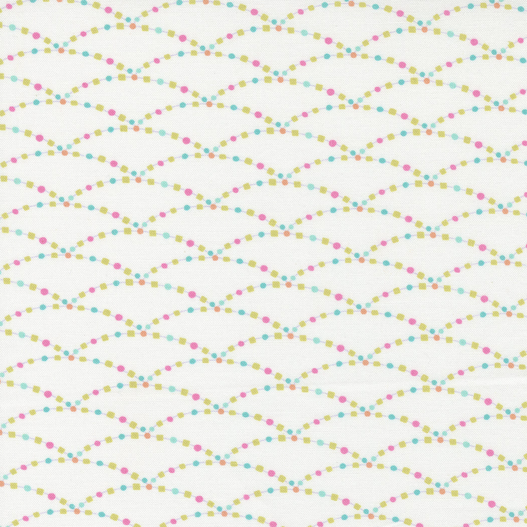 Cotton quilting fabric pattern called 'Bitty Swag in Vanilla'. Part of the 'Soiree' fabric collection. Designed by Mara Penny for fabric company Moda Fabrics. SKU: 13376 11. 44-45 inch width.