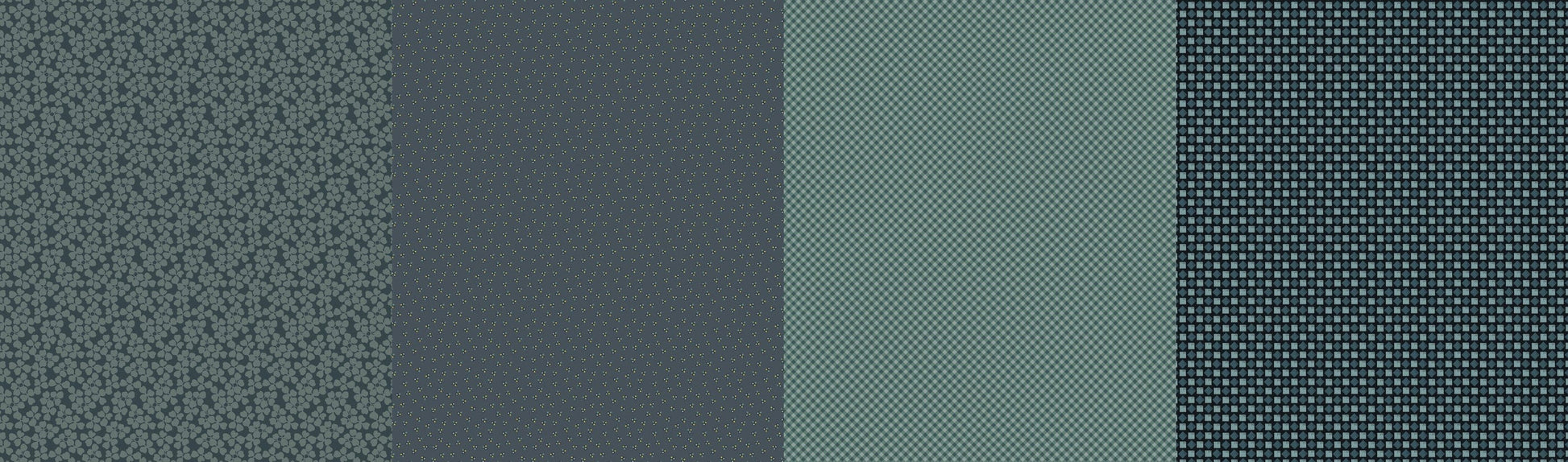 Cotton quilting fabric pattern called 'Lollies in Spruce'. Part of the 'Greenstone' fabric collection. Designed by Jen Kingwell for fabric company Moda Fabrics. SKU: 18229 11. 44-45 inch width.