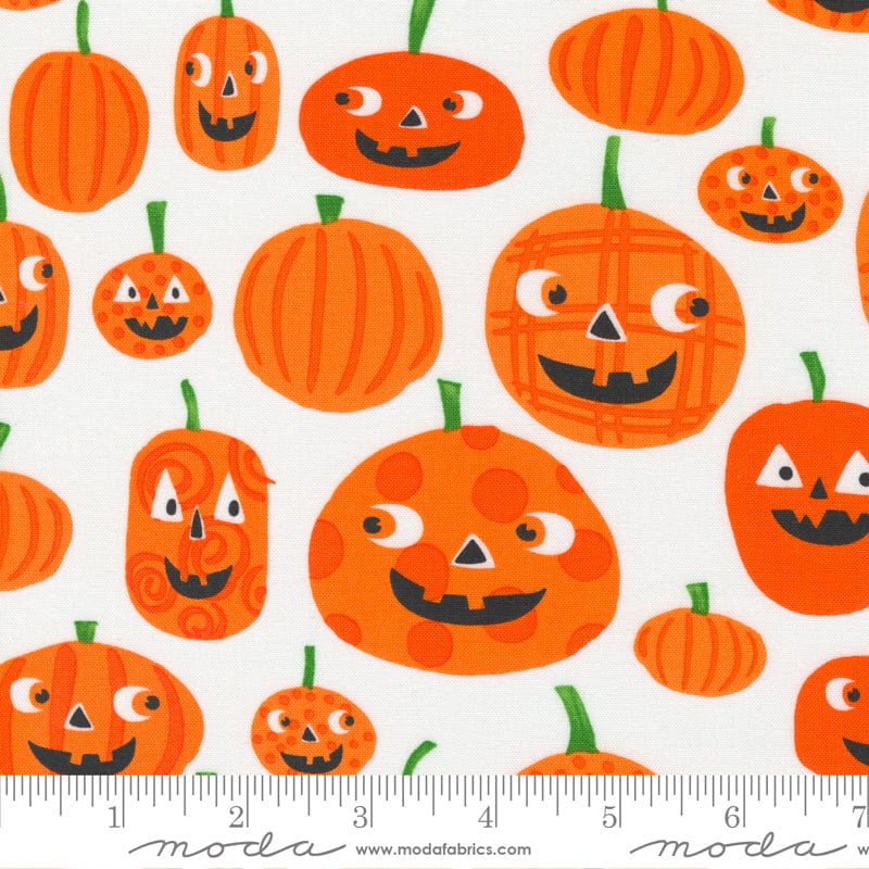 Cotton quilting fabric pattern called 'Pumpkin to Talk About in White Ghost'. Part of the 'Too Cute to Spook' fabric collection. Designed by Me and My Sister Designs for fabric company Moda Fabrics. SKU: 22420 14. 44-45 inch width.