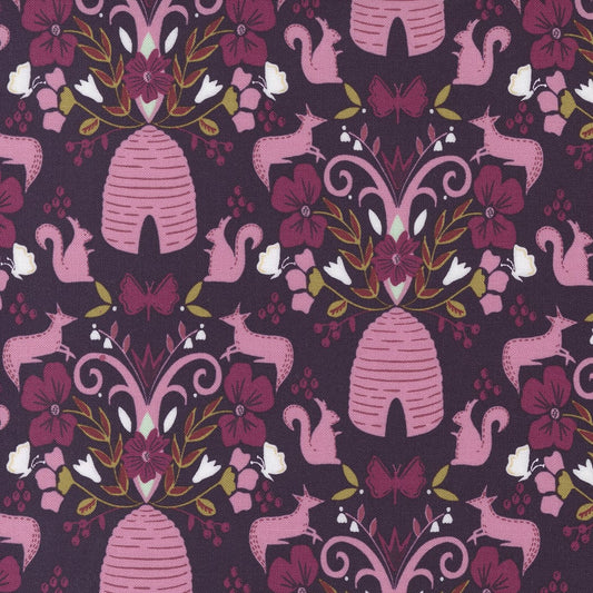 Cotton quilting fabric pattern called 'Flora and Fauna in Prune'. Part of the 'Wild Meadow' fabric collection. Designed by Fancy That Design House & Co. for fabric company Moda Fabrics. SKU: 43131 17. 44-45 inch width.