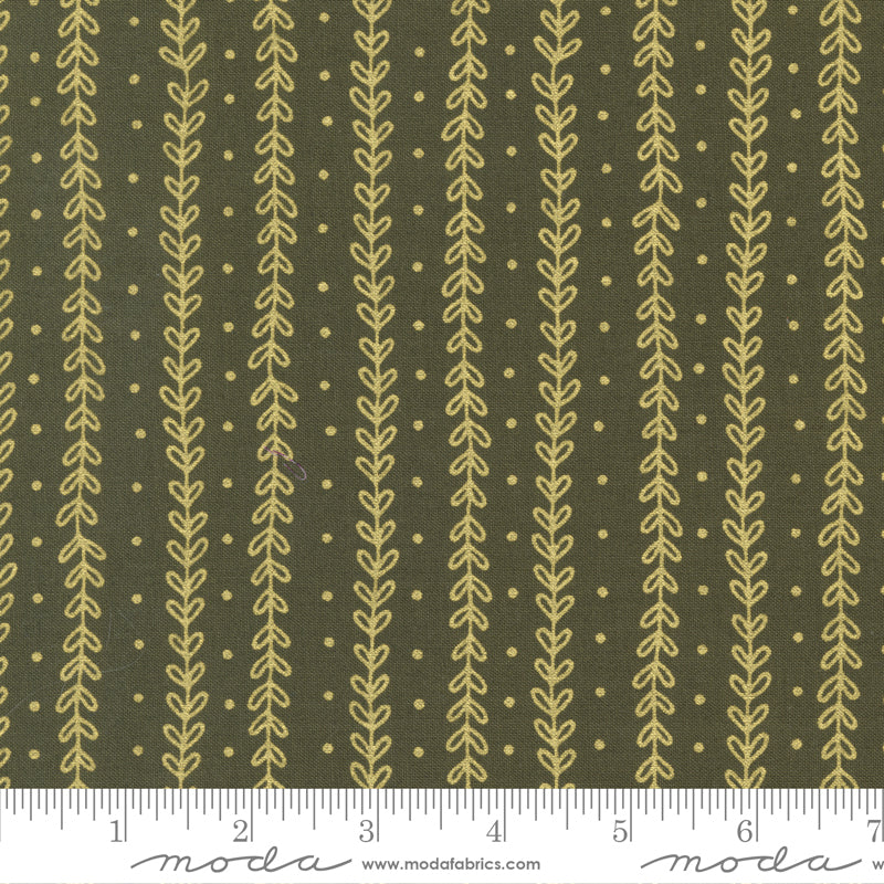 Cotton quilting fabric pattern called 'Petal Stripes in Forest'. Part of the 'Meadowmere' fabric collection. Designed by Gingiber for fabric company Moda Fabrics. SKU: 48367 13M. 44-45 inch width.