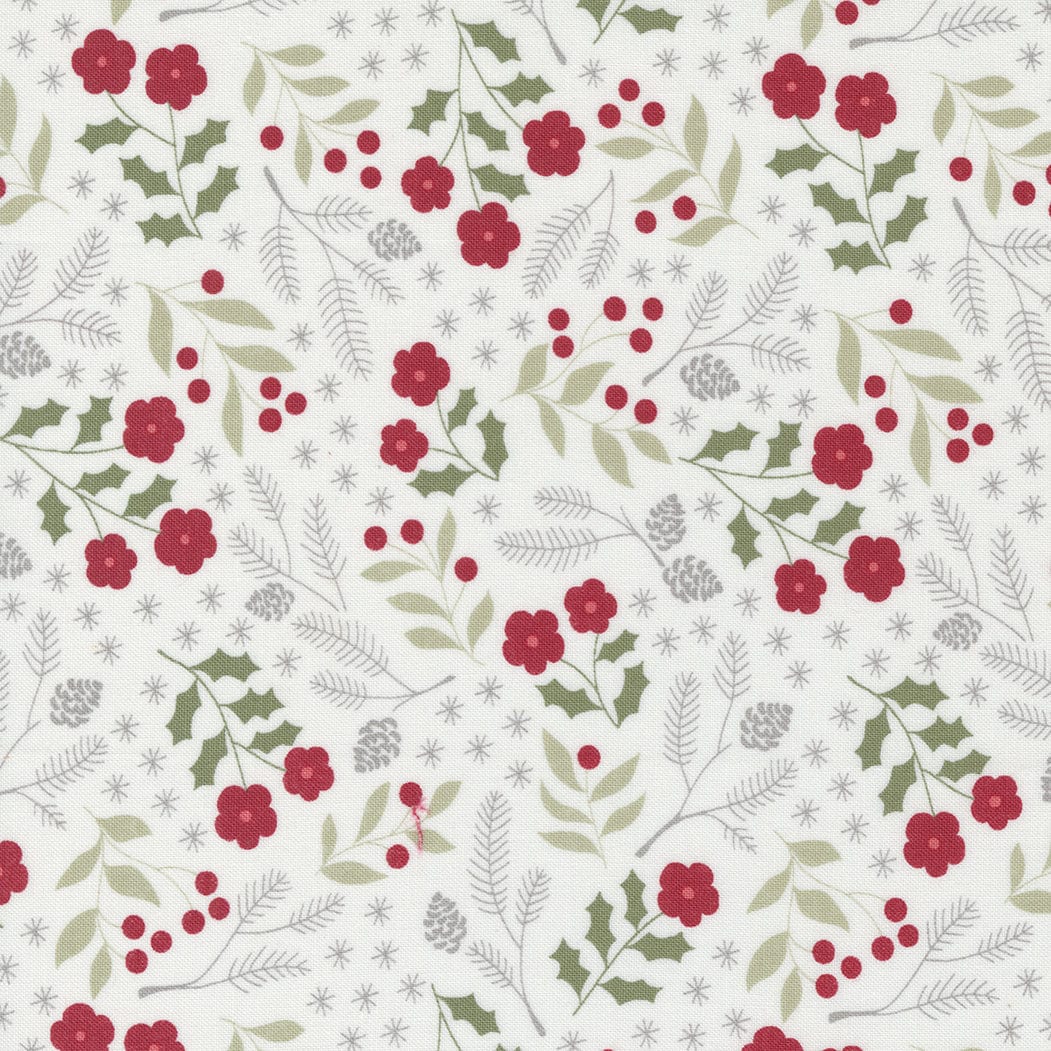 Cotton quilting fabric pattern called 'Winter Botanical in Snow'. Part of the 'Christmas Eve' fabric collection. Designed by Lella Boutique for fabric company Moda Fabrics. SKU: 1198667. 44-45 inch width.