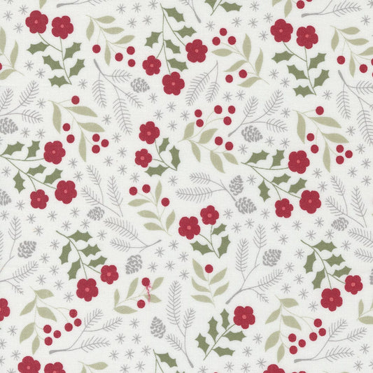 Cotton quilting fabric pattern called 'Winter Botanical in Snow'. Part of the 'Christmas Eve' fabric collection. Designed by Lella Boutique for fabric company Moda Fabrics. SKU: 1198667. 44-45 inch width.