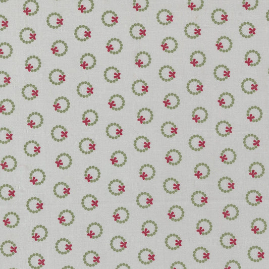 Cotton quilting fabric pattern called 'Wreath Dot in Silver'. Part of the 'Christmas Eve' fabric collection. Designed by Lella Boutique for fabric company Moda Fabrics. SKU: 1199427. 44-45 inch width.