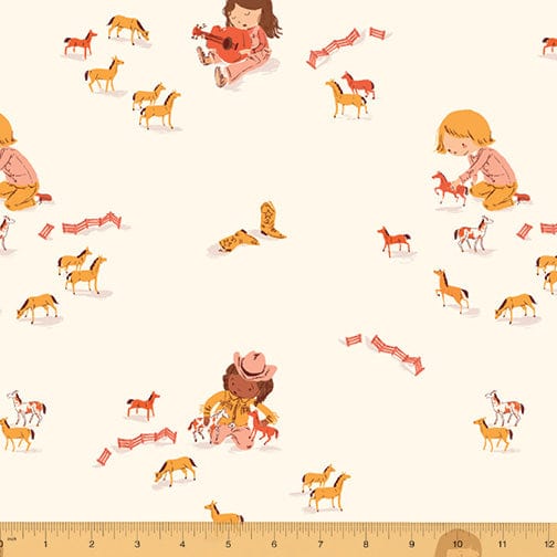 Cotton quilting fabric pattern called 'Play Horses in Cream'. Part of the 'Far Far Away III' fabric collection. Designed by Heather Ross for fabric company Windham Fabrics. SKU: 52753-5. 44-45 inch width.