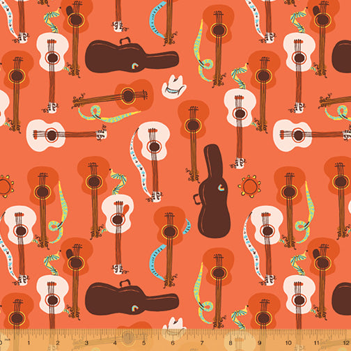 Far Far Away III - Guitars in Red Orange - Heather Ross for Windham Fabrics - 52754-8 - Half Yard