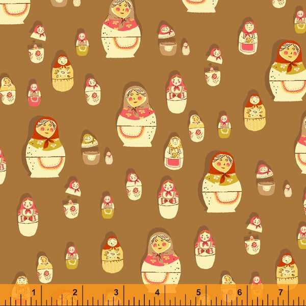 West Hill Revisited - Matryoshka Dolls in Brown - Heather Ross for Windham Fabrics - 52875-7 - Half Yard