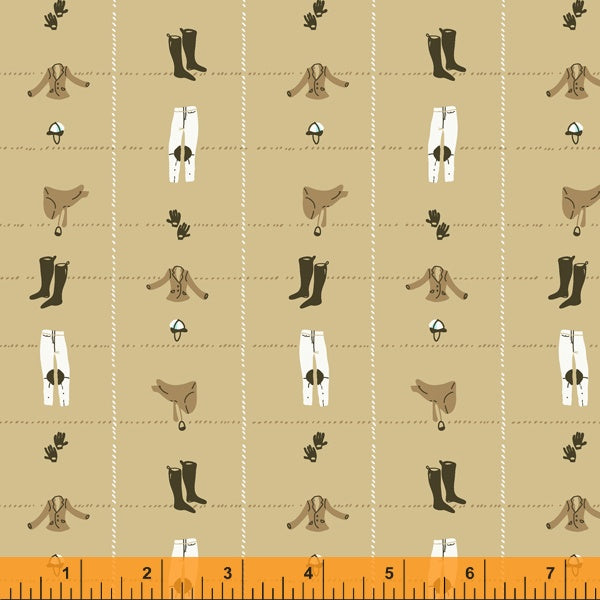Cotton quilting fabric pattern called 'Riding Gear in Cool Tan'. Part of the 'West Hill Revisited' fabric collection. Designed by Heather Ross for fabric company Windham Fabrics. SKU: 52878-13. 44-45 inch width.