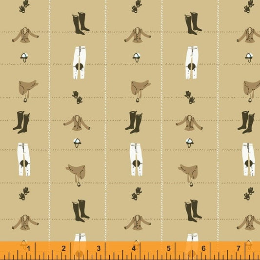 Cotton quilting fabric pattern called 'Riding Gear in Cool Tan'. Part of the 'West Hill Revisited' fabric collection. Designed by Heather Ross for fabric company Windham Fabrics. SKU: 52878-13. 44-45 inch width.