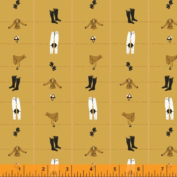 Cotton quilting fabric pattern called 'Riding Gear in Mustard'. Part of the 'West Hill Revisited' fabric collection. Designed by Heather Ross for fabric company Windham Fabrics. SKU: 52878-14. 44-45 inch width.