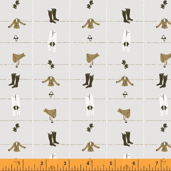 Cotton quilting fabric pattern called 'Riding Gear in Grey'. Part of the 'West Hill Revisited' fabric collection. Designed by Heather Ross for fabric company Windham Fabrics. SKU: 52878-15. 44-45 inch width.