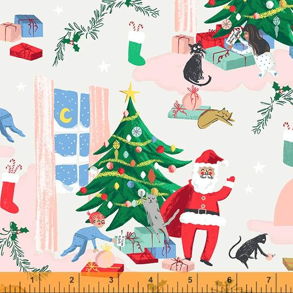 Cotton quilting fabric pattern called 'Present Peeking in Ivory'. Part of the 'Christmas Charms' fabric collection. Designed by Dylan Mierzwinski for fabric company Windham Fabrics. SKU: 53089-1. 44-45 inch width.