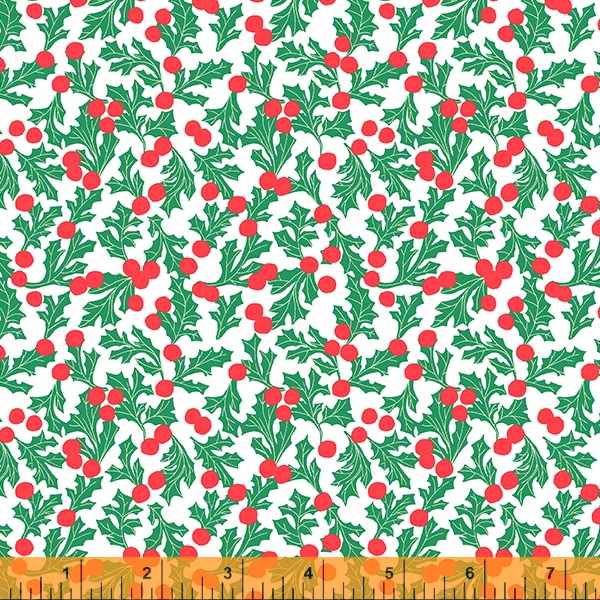 Cotton quilting fabric pattern called 'Holly Dot in White'. Part of the 'Christmas Charms' fabric collection. Designed by Dylan Mierzwinski for fabric company Windham Fabrics. SKU: 53091-3. 44-45 inch width.