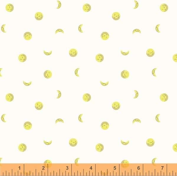 Cotton quilting fabric pattern called 'Moons in Ivory'. Part of the 'Little Whispers' fabric collection. Designed by Whistler Studios for fabric company Windham Fabrics. SKU: 53179-2. 44-45 inch width.