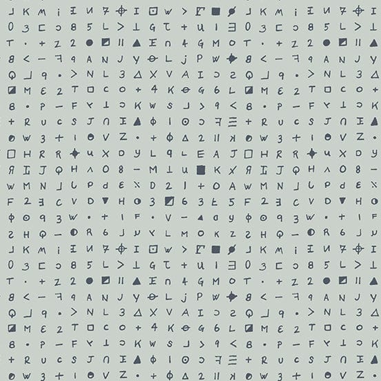 Cotton quilting fabric pattern called 'Cryptograph in Ash'. Part of the 'Sleuth' fabric collection. Designed by Giucy Giuce for fabric company Andover Fabrics. SKU: A-459-C. 44-45 inch width.
