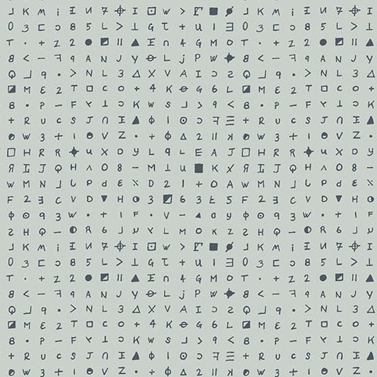 Cotton quilting fabric pattern called 'Cryptograph in Ash'. Part of the 'Sleuth' fabric collection. Designed by Giucy Giuce for fabric company Andover Fabrics. SKU: A-459-C. 44-45 inch width.