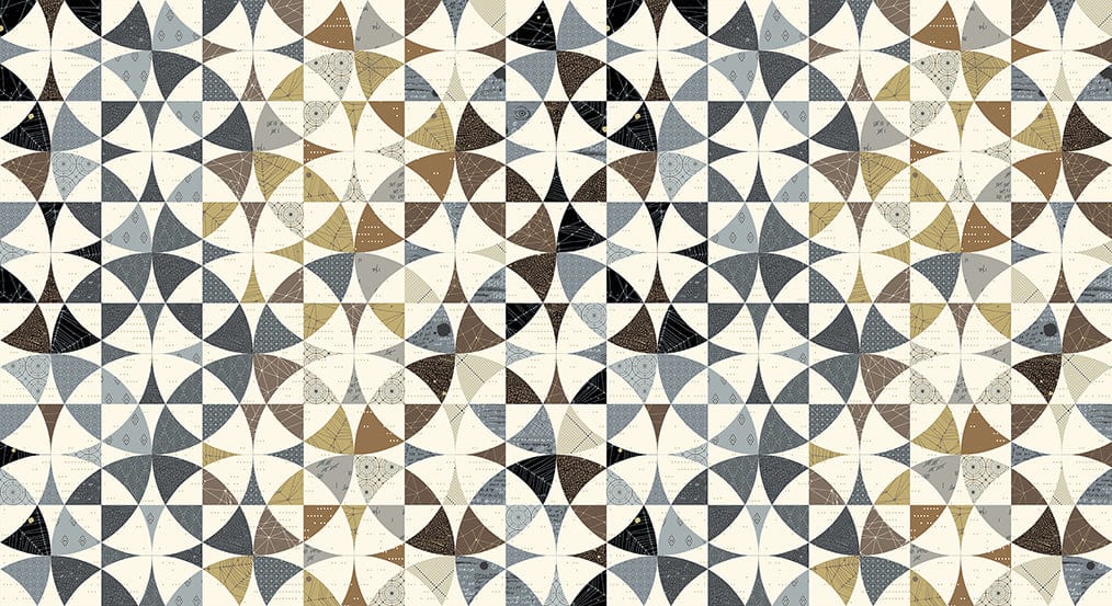 Cotton quilting fabric pattern called 'Exhibit A in Neutral'. Part of the 'Sleuth' fabric collection. Designed by Giucy Giuce for fabric company Andover Fabrics. SKU: A-767-C. 44-45 inch width.