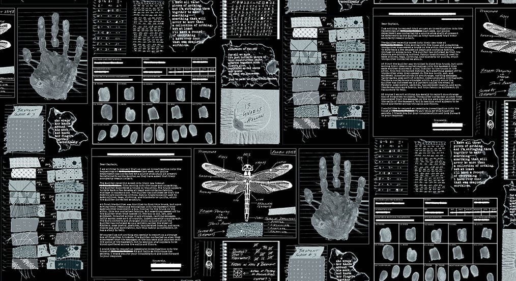 Cotton quilting fabric pattern called 'Gumshoe in Microfiche'. Part of the 'Sleuth' fabric collection. Designed by Giucy Giuce for fabric company Andover Fabrics. SKU: A-768-K. 44-45 inch width.