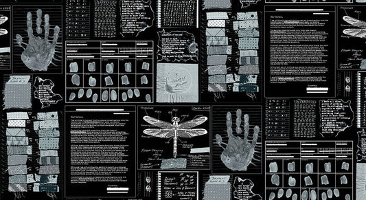 Cotton quilting fabric pattern called 'Gumshoe in Microfiche'. Part of the 'Sleuth' fabric collection. Designed by Giucy Giuce for fabric company Andover Fabrics. SKU: A-768-K. 44-45 inch width.