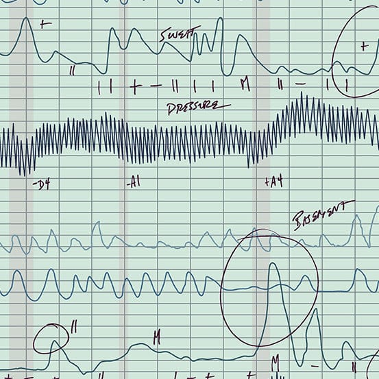 Cotton quilting fabric pattern called 'The Lie in Power Blue'. Part of the 'Sleuth' fabric collection. Designed by Giucy Giuce for fabric company Andover Fabrics. SKU: A-769-B. 44-45 inch width.