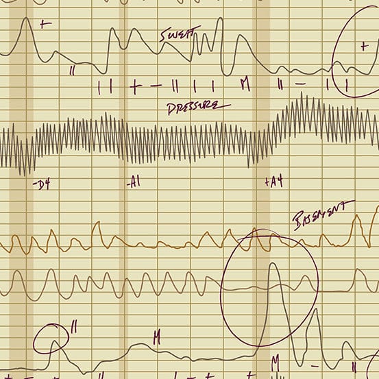 Cotton quilting fabric pattern called 'The Lie in Khaki'. Part of the 'Sleuth' fabric collection. Designed by Giucy Giuce for fabric company Andover Fabrics. SKU: A-769-N. 44-45 inch width.