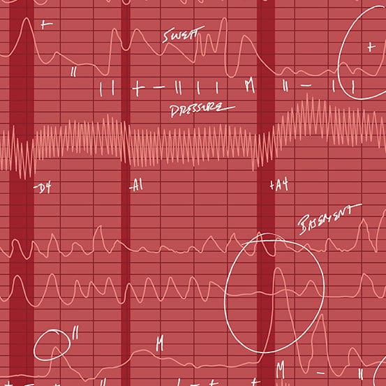 Cotton quilting fabric pattern called 'The Lie in Sanguine'. Part of the 'Sleuth' fabric collection. Designed by Giucy Giuce for fabric company Andover Fabrics. SKU: A-769-R. 44-45 inch width.