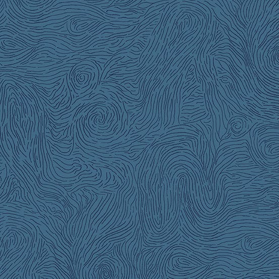 Cotton quilting fabric pattern called 'Whorls in Blue Moon'. Part of the 'Sleuth' fabric collection. Designed by Giucy Giuce for fabric company Andover Fabrics. SKU: A-771-B. 44-45 inch width.