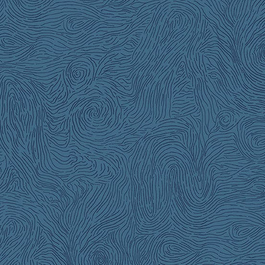 Cotton quilting fabric pattern called 'Whorls in Blue Moon'. Part of the 'Sleuth' fabric collection. Designed by Giucy Giuce for fabric company Andover Fabrics. SKU: A-771-B. 44-45 inch width.