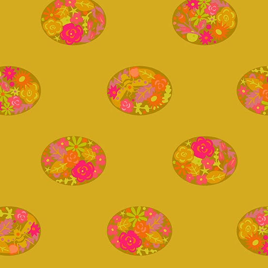 Cotton quilting fabric pattern called 'Floral Dot in Goldenrod'. Part of the 'Ellipse' fabric collection. Designed by Alison Glass for fabric company Andover Fabrics. SKU: A-9884-Y. 44-45 inch width.