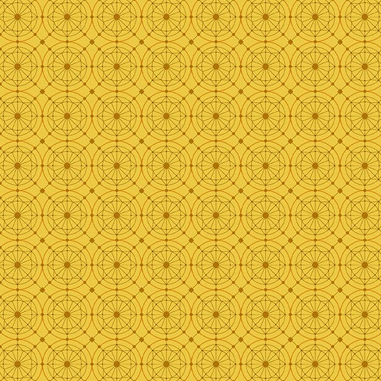 Cotton quilting fabric pattern called 'Buttons in Marigold'. Part of the 'Fabrics from the Attic' fabric collection. Designed by Giucy Giuce for fabric company Andover Fabrics. SKU: A-9978-Y. 44-45 inch width.