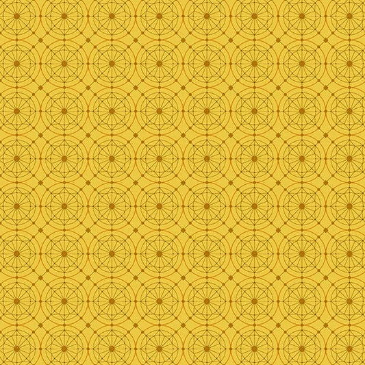 Cotton quilting fabric pattern called 'Buttons in Marigold'. Part of the 'Fabrics from the Attic' fabric collection. Designed by Giucy Giuce for fabric company Andover Fabrics. SKU: A-9978-Y. 44-45 inch width.